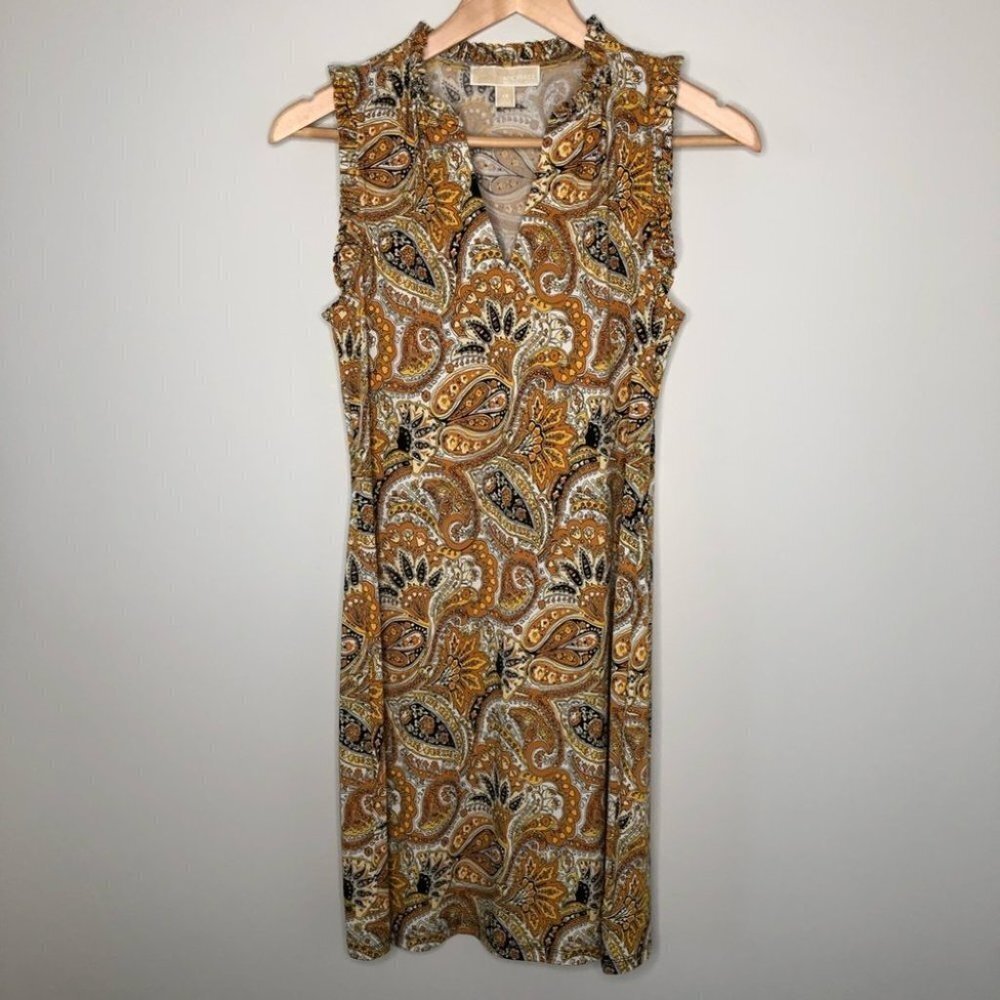 Michael Kors Neutral Paisley  Printed‎ V-neck Shift Dress Size XS